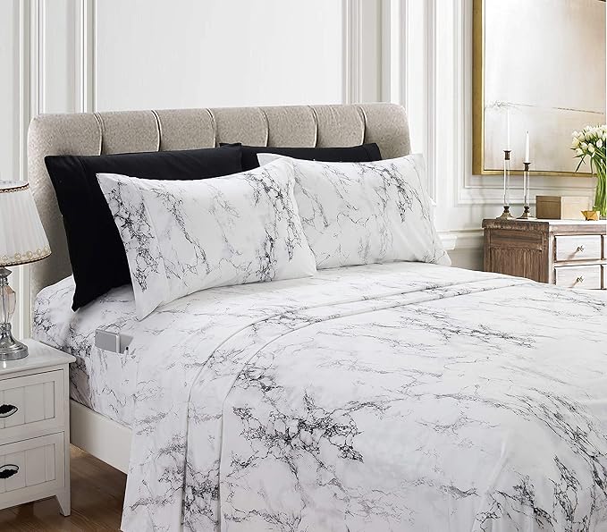 Elegant Comfort Luxury Soft Bed Sheets Marble Pattern - 1500 Premium Hotel Quality Microfiber Softness Wrinkle and Fade Resistant (6-Piece) Bedding Set, King, White