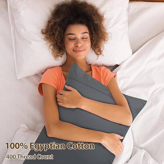 100% Egyptian Cotton Pillow Cases Set of 2, Queen Size 400 Thread Count Cooling Pillowcases, Soft and Breathable Pillow Covers with Envelope Closure, 20x30 Inches (Queen, Dark Grey)