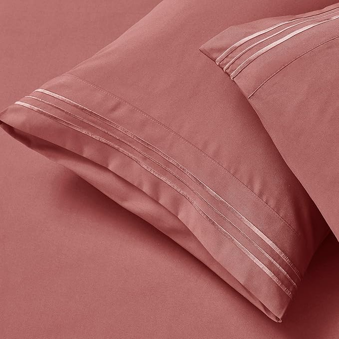 Clara Clark RV Short Queen Sheets - Hotel Luxury 6 Piece Bed Sheets for Short Queen Size Bed - Soft Bedding Sheets & Pillowcases, Fits Low Mattress up to 10 inch deep. Short Queen, Pink Clay