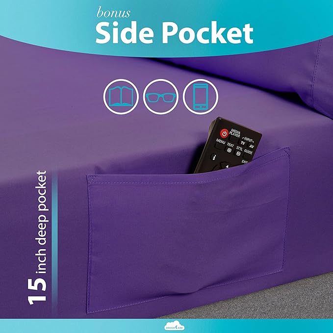 DREAMCARE Full Size Sheets - 6 pcs Breathable Cooling Bed Sheets - up to 15" Deep Pocket Full Size Bed Sheets wth Side Pockets - Extra Soft 100% Brushed Hypoallergenic Hotel Luxury Bedding - Purple