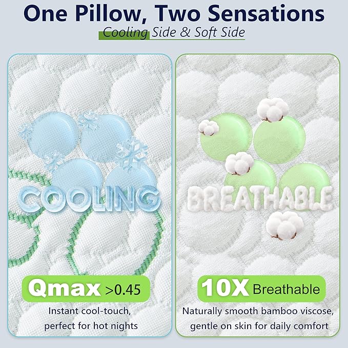 Memory Foam Pillows, Cooling Pillows Queen Size Set of 2 Adjustable Firm Bamboo Bed Pillows for Hot, Side, Back and Stomach Sleepers