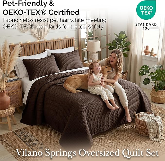 Southshore Fine Living, Inc. Full/Queen Quilt Bedding Set, Comfy Microfiber Coverlet, Queen Size Bedspread, Pet Hair Resistant Bedding, Full Size Bedspread w/2 Shams, Chocolate Brown Quilt