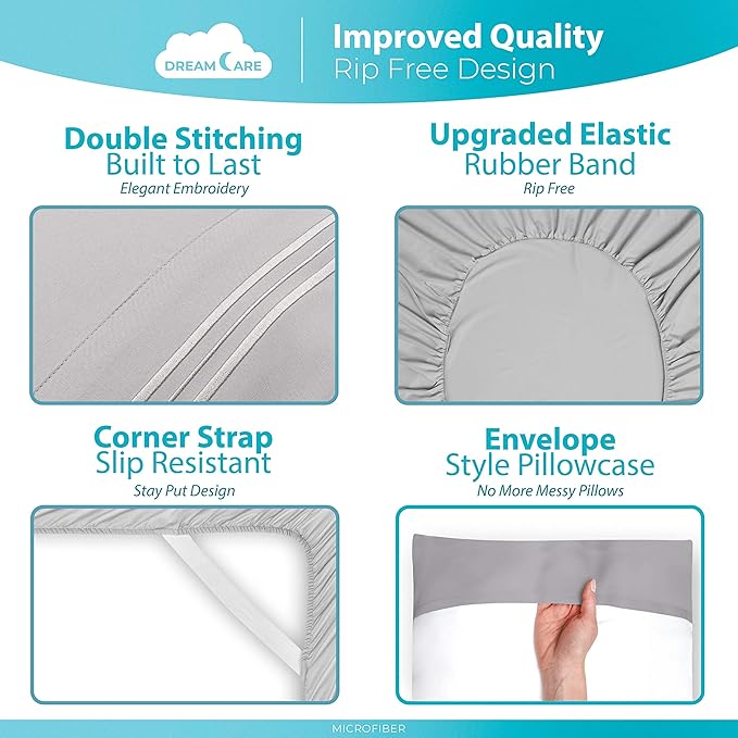 DREAMCARE Queen Sheet Set - 6 pcs Breathable Cooling Bed Sheets - up to 15" Deep Pocket Queen Sheets Set with Side Pockets - Extra Soft 100% Brushed Hypoallergenic Hotel Luxury Bedding - L Gray