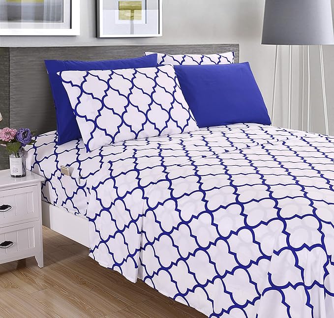 Elegant Comfort Luxury Soft Bed Sheets Quatrefoil Pattern - 1500 Premium Hotel Quality Microfiber Softness Wrinkle and Fade Resistant (6-Piece) Bedding Set, King, Duke Blue