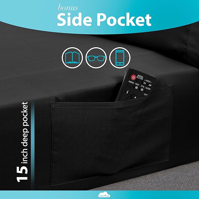 DREAMCARE Full Size Sheets - 6 pcs Breathable Cooling Bed Sheets - up to 15" Deep Pocket Full Size Bed Sheets wth Side Pockets - Extra Soft 100% Brushed Hypoallergenic Hotel Luxury Bedding - Black