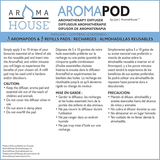 Aromapod Natural Airflow Personal Essential Oil Diffuser with 5 Unscented Refill Pads for Bedroom, Bathroom, Kitchen, Home, Office, Travel - White (Pack of 3)