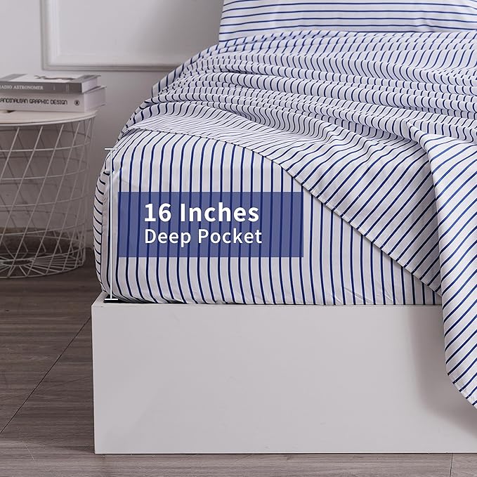 Full Blue Striped Bed Sheet Set 4 Piece with 16-Inch Deep Pockets- Super Soft & Wrinkle Free Stripe Bed Sheets - Hotel Luxury Blue White Striped Pinstripe Bedding for All Season
