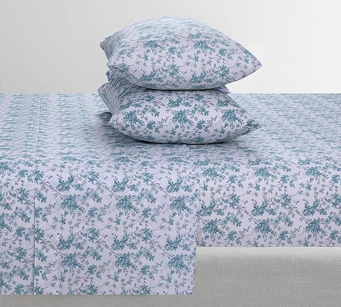 Feather & Stitch Softest 100% Cotton Sheets, 300 Thread Count Percale Weave Bedding, 16" Deep Pocket, Cooling Sheets, Breathable Bed Set, Hotel Premium Quality (King, Blue Floral)