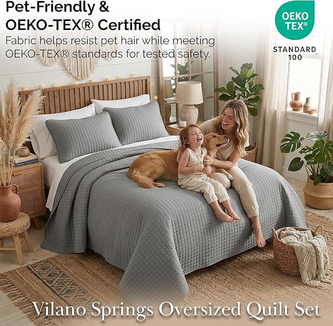 Southshore Fine Living, Inc. Twin XL Quilt Set, Dorm Room Bedding Essentials, Hotel Quilt, Soft Bedspread Twin XL Grey Quilt Bed Spread with Pillow Sham, Vacation Rental Quilt, Steel Grey Quilts