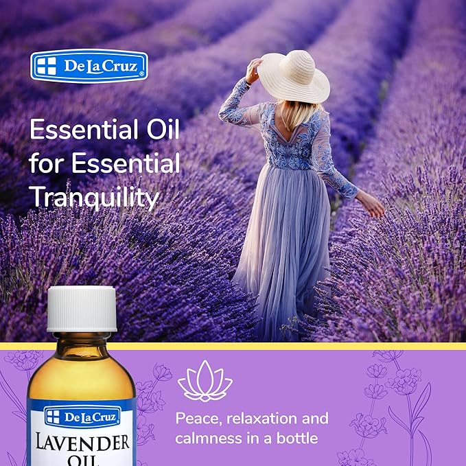 De La Cruz Lavender Essential Oil Steam-Distilled - 100% Pure Lavender Oil for Aromatherapy 2 FL. OZ. (6 Bottles)
