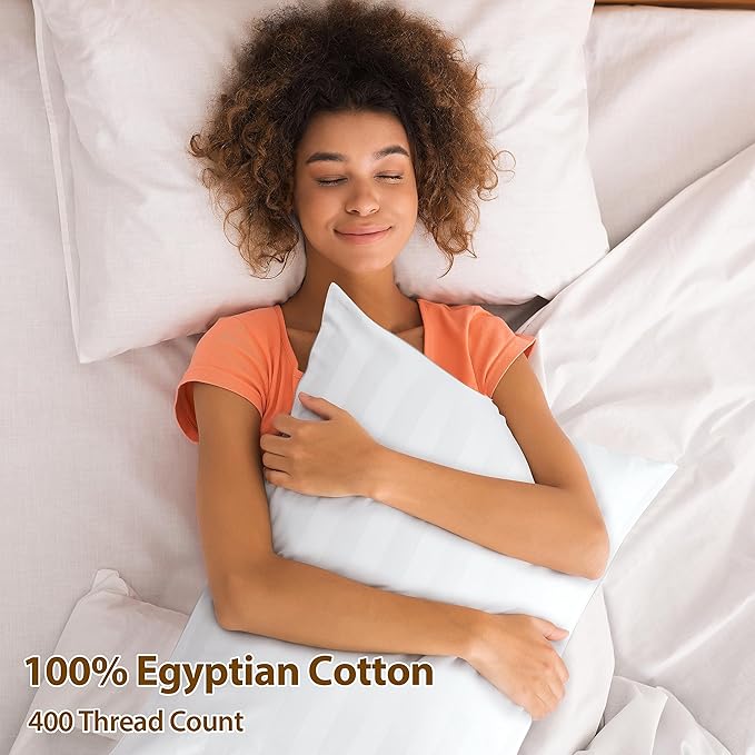 100% Egyptian Cotton Pillow Cases Set of 2, Standard Size 400 Thread Count Cooling Pillowcases, Soft and Breathable Pillow Covers with Envelope Closure, 20x26 Inches (Standard, Striped White)