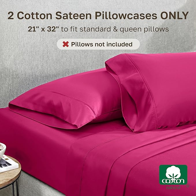 California Design Den Standard/Queen Size Pillow Cases Set of 2-400 Thread Count Sateen, Natural 100% Cotton Pillow Cases Standard Size, Soft, Roomy and Breathable - Hot Pink
