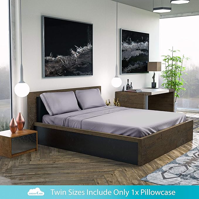 DREAMCARE Twin Sheets - 3 pcs Breathable Cooling Bed Sheets - up to 15" Deep Pocket Twin Bed Sheets with Side Pockets - Extra Soft 100% Brushed Hypoallergenic Hotel Luxury Bedding - Light Gray