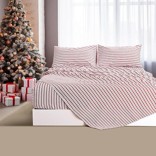 Best Season Burgundy Red Striped Sheets Set Twin Size 3 Piece - Super Soft, Easy Care & Breathable Red and White Pinstripe Bed Sheet Set with 16-Inch Deep Pockets, Great Gift for Christmas & Birthday