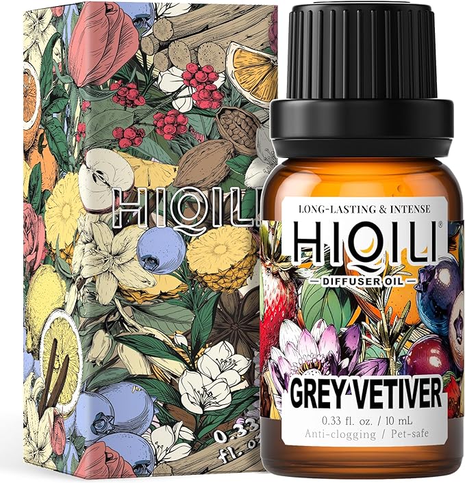 HIQILI Grey Vetiver Diffuser Oil for Humidifiers, Ultrasonic Diffusers, & DIY Sprays, Fast Diffusion for Large Spaces, Pet - Safe, Suitable for Home and Other Scenarios - 0.34 Fl Oz