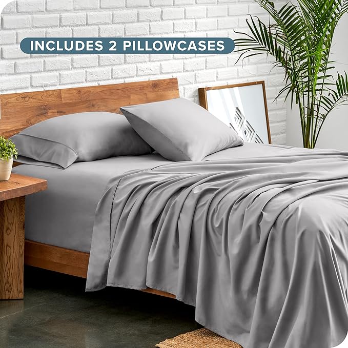 Bare Home Hotel Luxury Sheet Set, Extra Soft - 7 Piece Set - Deep Pockets - Easy Fit - Cooling & Breathable - Wrinkle, Fade, Stain Resistant - Includes 4 Pillowcases (Split Cal King, Light Grey)