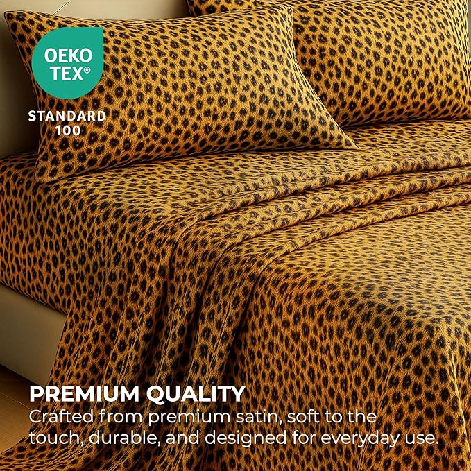 Satin Sheets California King [4-Piece, Gold Leopard] Luxury Silky Bed Sheets - Extra Soft 1800 Microfiber Sheet Set, Wrinkle, Fade, Stain Resistant - Deep Pocket Fitted Sheet, Flat Sheet, Pillow Cases