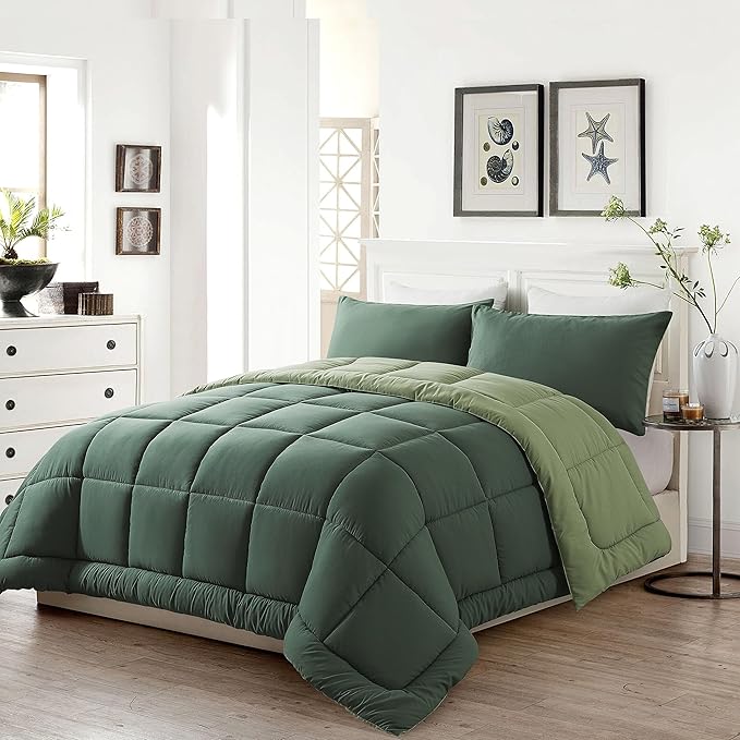 DOWNCOOL Queen Comforter Set -All Season Bedding Comforters Sets with 2 Pillow Cases-3 Pieces Bedding Sets Queen -Down Alternative Double Green Queen Size Comforter Sets(88"x92")