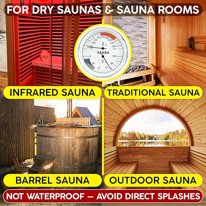 Sauna Thermometer and Hygrometer, Mechanical Humidity and Temperature Gauge, Aluminum Frame Wall Mounted for All Saunas, Sauna Accessories, Range 70–250°F (20–120 °C), 0–100% RH