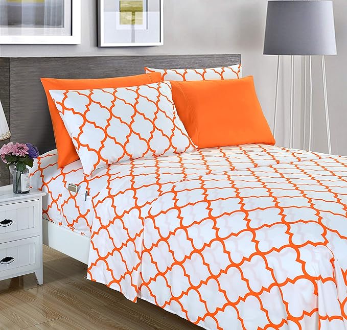 Elegant Comfort Luxury Soft Bed Sheets Quatrefoil Pattern - 1500 Premium Hotel Quality Microfiber Softness Wrinkle and Fade Resistant (6-Piece) Bedding Set, Queen, Joyful Orange