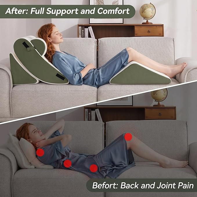 4PCS Wedge Pillow Set for After Surgery,Bed Orthopedic Pillow for Sleeping, Memory Foam Back Pillow for Pain Relief and Acid Reflux, Adjustable Sitting Up for Bed Post Surgery Pillow Green