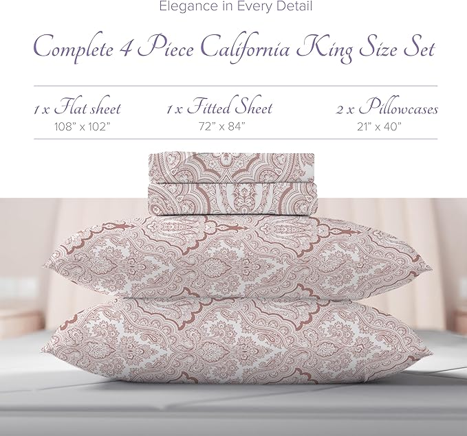Carressa Linen California King Egyptian Cotton Sheet Sets - 600 Series Hydrangeas Printed Cal King Cotton Sheet Set (4 PC, Paisley),16" Deep Pocket Sateen Weave Luxury Hotel Bed Sheets