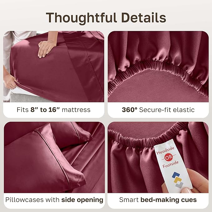 CALIFORNIA DESIGN DEN Soft 100% Cotton King Size Bed Sheets Set, 400 Thread Count Good Housekeeping Award Winner, Silky Smooth Sateen Weave with Deep Pockets, Durable King Bed Sheet Set - Burgundy Red