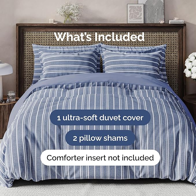 Duvet Cover King Size Set - Extra Soft King Duvet Cover 104" x 90" with 2 Pillow Shams - Hotel Luxury, Easy Care & Fade Free with Zipper Closures & Ties - All Season, Comfy & Breathable (Blue Stripes)