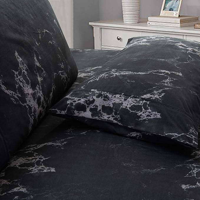 Elegant Comfort Luxury Soft Bed Sheets Marble Pattern - 1500 Premium Hotel Quality Microfiber Softness Wrinkle and Fade Resistant (6-Piece) Bedding Set, King, Black