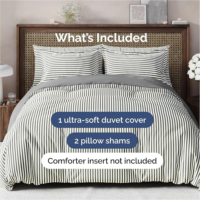 Duvet Cover Queen Size Set - Extra Soft Queen Duvet Cover 90" x 90" with 2 Pillow Shams - Hotel Luxury, Easy Care & Fade Free with Zipper Closures & Ties - Comfy, Cozy and Breathable (Grey Stripes)