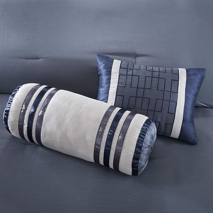 Madison Park Cozy Comforter Set-Deluxe Hotel Collection, All Season Down Alternative Luxury Bedding with Matching Shams, Decorative Pillows, Cal King(104"x92"), Genevieve, Navy 7 Piece