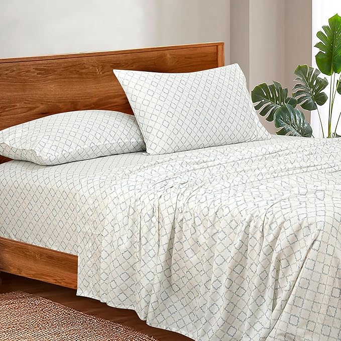 ROYALE LINENS 300 Thread Count 100% Long Staple Combed Cotton Sheet Set - 4 Piece King Bed Sheets - 1 Fitted, 1 Flat & 2 Pillow Cases - Soft Cool & Crisp Sheet Set (King, Vintage Trellis,Grey Blue)