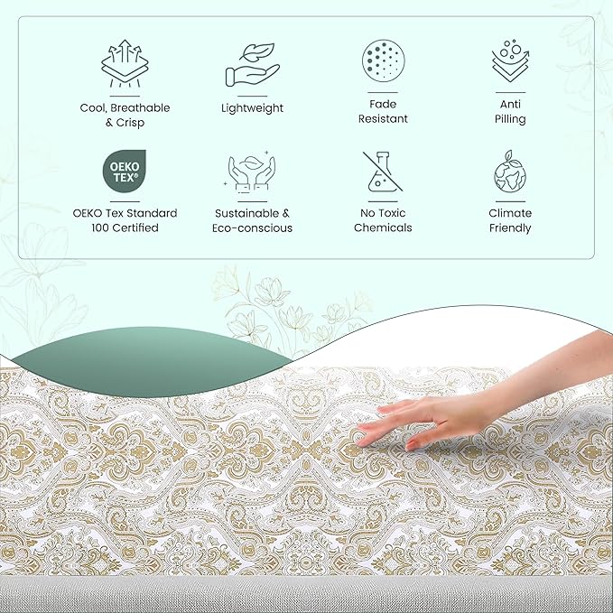 Feather & Stitch Softest 100% Cotton Sheets, 300 Thread Count Percale Weave Bedding, 16" Deep Pocket, Cooling Sheets, Breathable Bed Set, Hotel Premium Quality (King, Ivory Paisley)