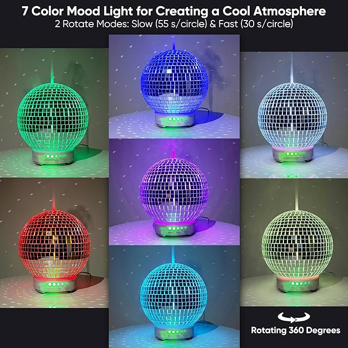 Disco Ball Diffuser Rotating - 300 ML Mirror Ball Oil Diffuser, Essential Oils Diffusers for Home, Novelty Mirrorball Ultrasonic Diffuser for Bedroom | Aromatherapy Diffuser for Large Room Gold