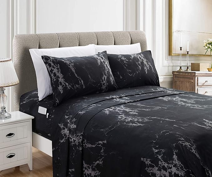 Elegant Comfort Luxury Soft Bed Sheets Marble Pattern - 1500 Premium Hotel Quality Microfiber Softness Wrinkle and Fade Resistant (6-Piece) Bedding Set, King, Black