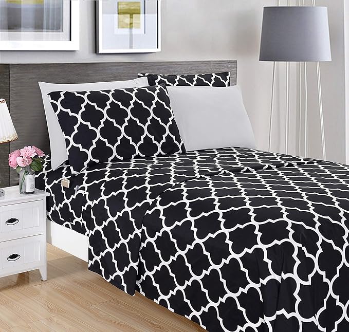 Elegant Comfort Luxury Soft Bed Sheets Quatrefoil Pattern - 1500 Premium Hotel Quality Microfiber Softness Wrinkle and Fade Resistant (6-Piece) Bedding Set, Queen, Black