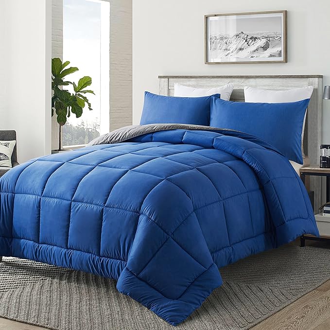 DOWNCOOL Blue/Grey Full Size Comforter Set - All Season Bedding with 2 Pillowcases - 3 Pieces Bed Set Down Alternative Comforter Set