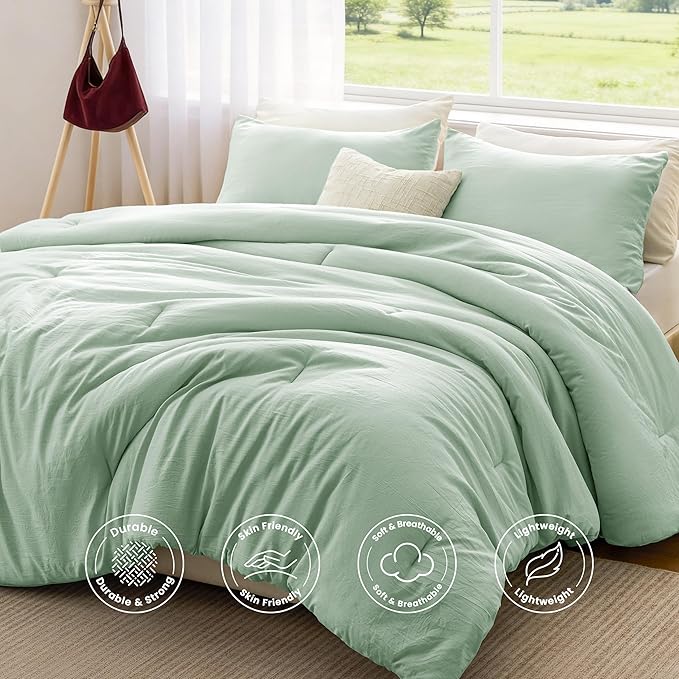Love's cabin Queen Comforter Set Light Green, 3-Piece 90% Polyester 10% Linen Blend Bedding Set, Linen-Look Textured Stripe, Down Alternative All-Season Comforter with Pillow Shams | Soft, Breathable, Lightweight