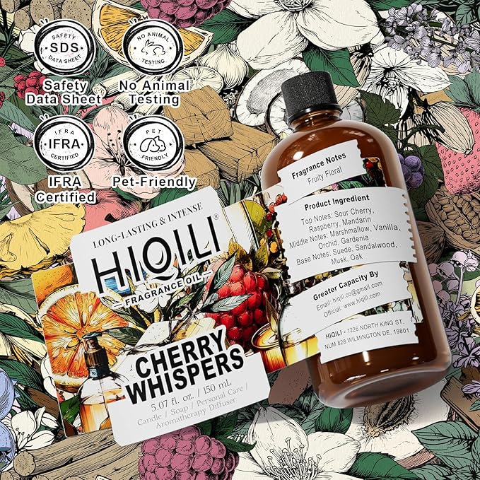 HIQILI Cherry Whispers‌ Fragrance Oil for Soap, Candle Making, Inspired by E.scd Cherry in-t.Air, Wool Dryer Balls, Home Luxury Scents for Laundry & Bathroom Use - 5.07 Fl Oz