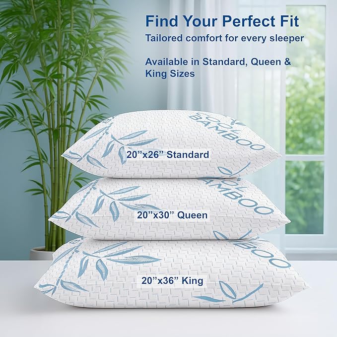 OMEO 2 Pack Bamboo Pillow Standard Size for Sleeping, Hypoallergenic Cooling Shredded Memory Foam Bed Pillows for Side, Back and Stomach Sleepers, Adjustable Loft and Washable Cover 20" x 26"