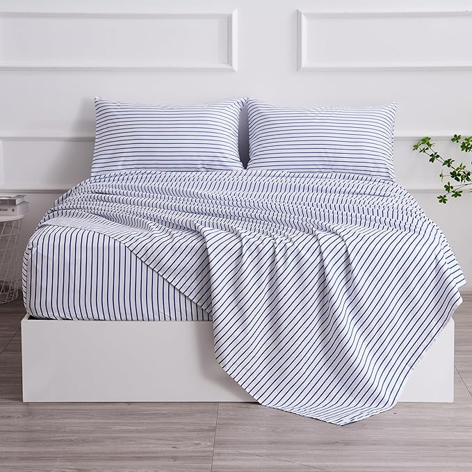 Full Blue Striped Bed Sheet Set 4 Piece with 16-Inch Deep Pockets- Super Soft & Wrinkle Free Stripe Bed Sheets - Hotel Luxury Blue White Striped Pinstripe Bedding for All Season