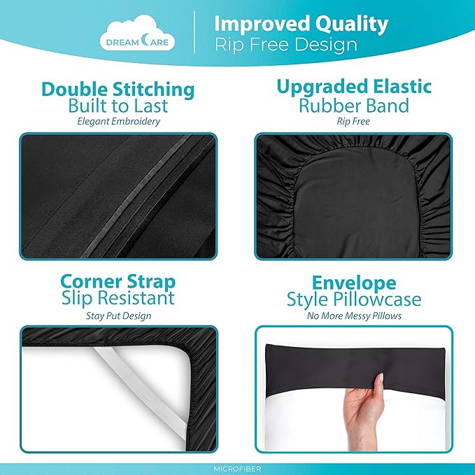 DREAMCARE Full Size Sheets - 6 pcs Breathable Cooling Bed Sheets - up to 15" Deep Pocket Full Size Bed Sheets wth Side Pockets - Extra Soft 100% Brushed Hypoallergenic Hotel Luxury Bedding - Black
