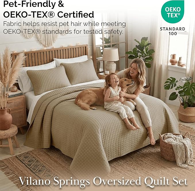Southshore Fine Living, Inc. Oversized King Quilt Bedding Set, Taupe Quilt California King Size Bedspread with 2 Matching Pillow Shams, Microfiber Quilts, Soft & Cozy Bedding Coverlet, Taupe Quilts