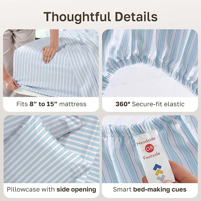 California Design Den Soft 100% Cotton Sheets Twin Size Set, 400 Thread Count Good Housekeeping Award Winner, Smooth Sateen Finish, Cozy and Durable Cotton Bedding Set - Cape Stripe Blue