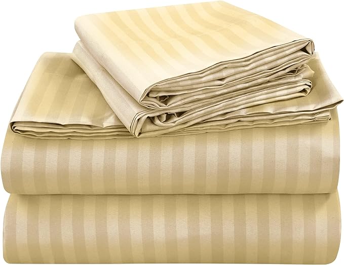 ROYALE LINENS 4 Piece Cal King Sheets Set - Soft Brushed Microfiber Bedding - 1 Fitted, 1 Flat Sheet, 2 Pillow Cases - Wrinkle Free & Fade Resistant - Hotel Luxury Bed Sheets (Stripe Sand, Cal King)