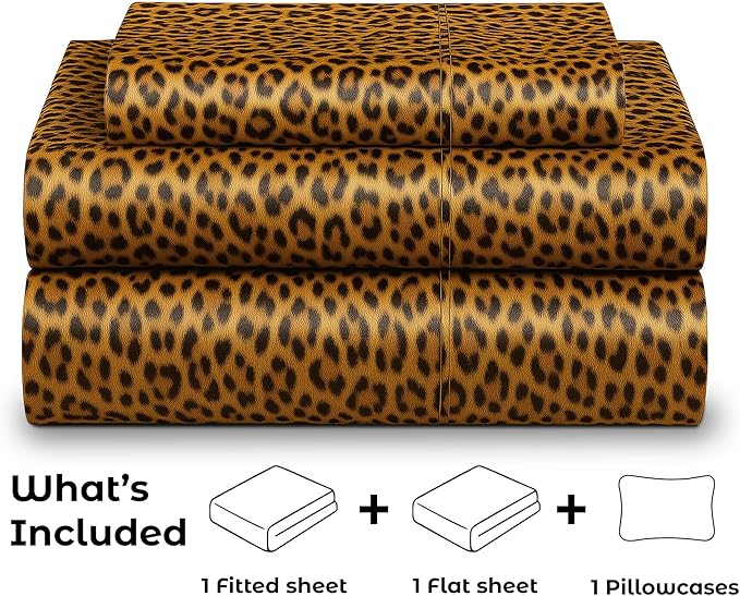 Satin Sheets Twin [3-Piece, Gold Leopard] Hotel Luxury Silky Bed Sheets - Extra Soft 1800 Microfiber Sheet Set, Wrinkle, Fade, Stain Resistant - Deep Pocket Fitted Sheet, Flat Sheet, Pillow Cases