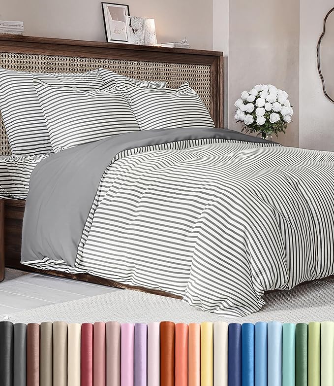 Duvet Cover Full Size Set - Extra Soft Full Duvet Cover 80" x 90" with 2 Pillow Shams - Hotel Luxury, Easy Care & Fade Free with Zipper Closures & Ties - All Season, Comfy & Breathable (Grey Stripes)