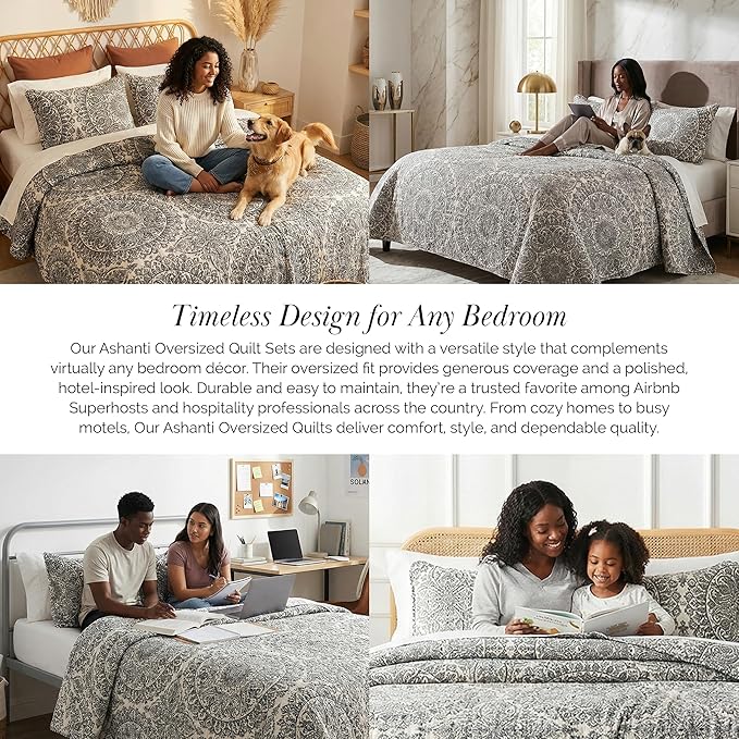 Southshore Fine Living, Inc. Ashanti Collection Oversized Quilt Queen Bedding Set Lightweight, Soft Coverlet Bedspread 3-Piece with Two Matching Shams (98 in Wide x 98 in Long), Full/Queen, Grey