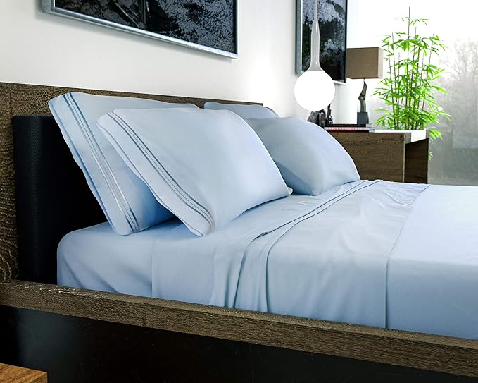 DREAMCARE King Size Sheets Set - 6 pcs Breathable Cooling Bed Sheets - up to 21" Extra Deep Pocket King Sheet Set with Side Pockets - Extra Soft 100% Brushed Hypoallergenic Hotel Luxury Bedding L-Blue