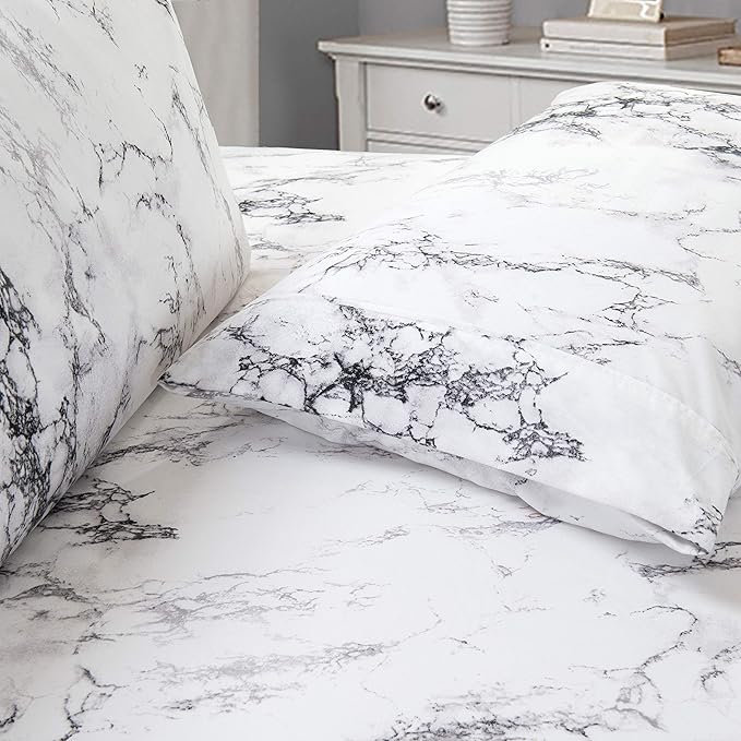 Elegant Comfort Luxury Soft Bed Sheets Marble Pattern - 1500 Premium Hotel Quality Microfiber Softness Wrinkle and Fade Resistant (6-Piece) Bedding Set, Queen, White